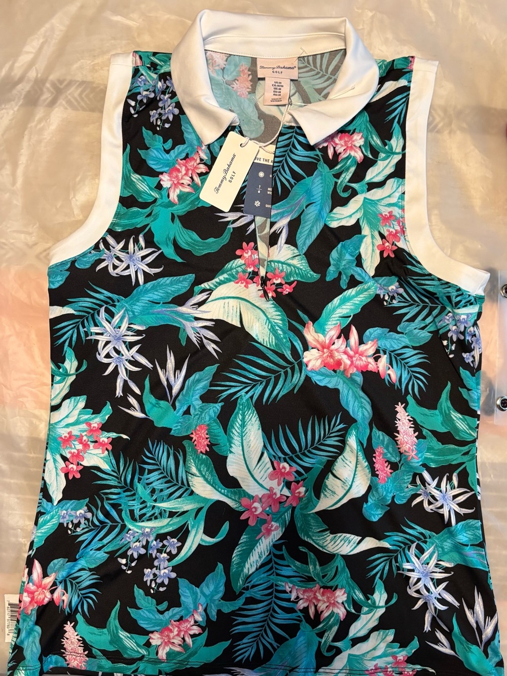 Tommy Bahama Black Tropical Floral Sleeveless Polo Tank
